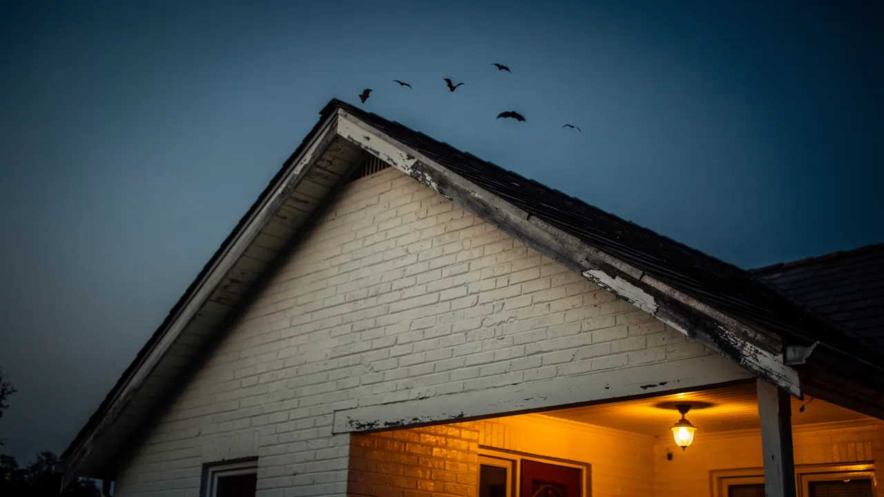Bats leaving the roof line of a Cincinnati home at dusk