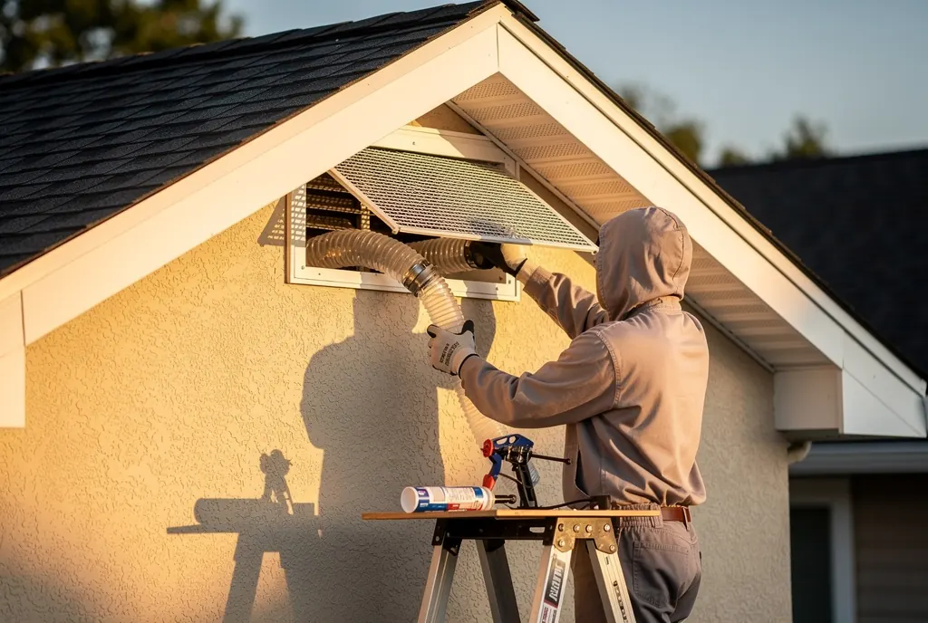 One-way bat exclusion valve being installed on a Cincinnati gable vent