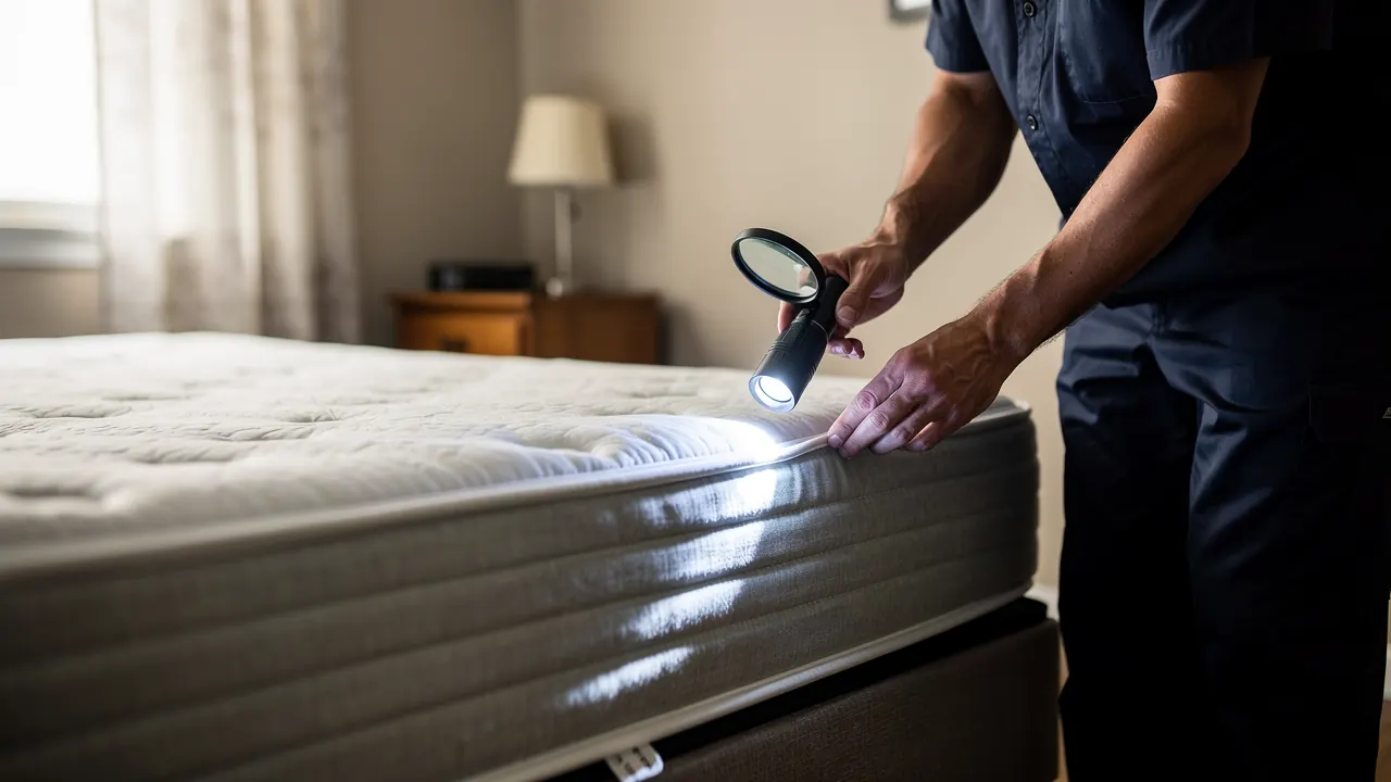Technician inspecting a mattress seam for bed bugs in a Cincinnati bedroom