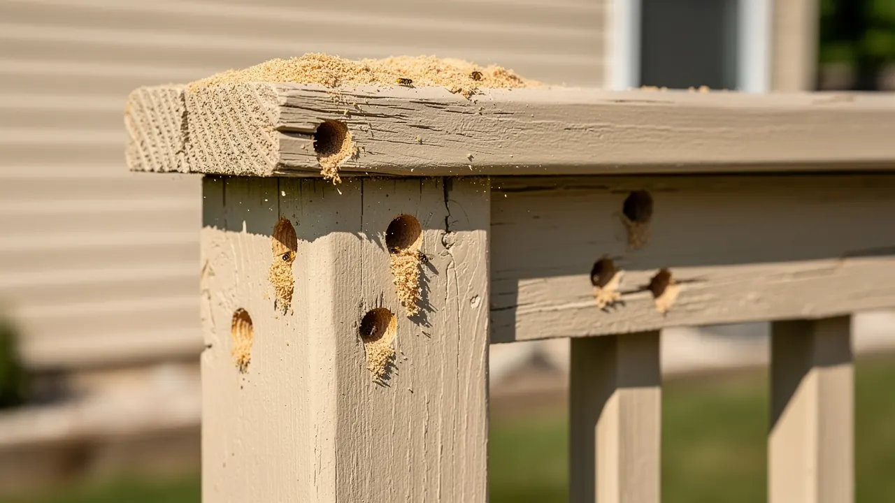 Carpenter bee holes in a Cincinnati deck railing and fascia board