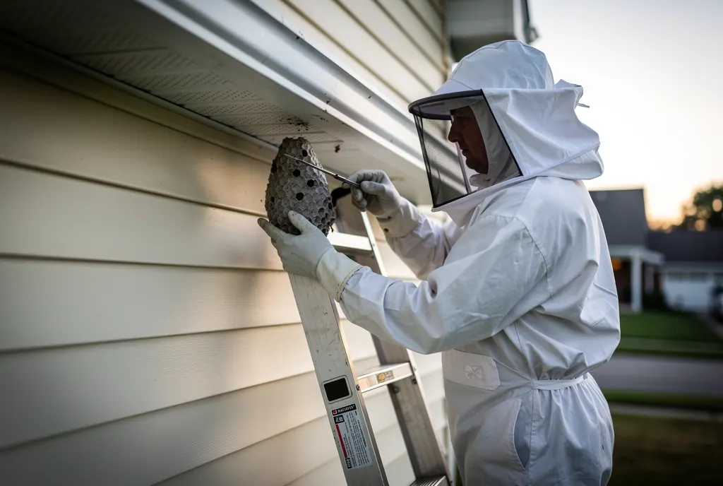 Suited technician removing a wasp nest from a Cincinnati eave