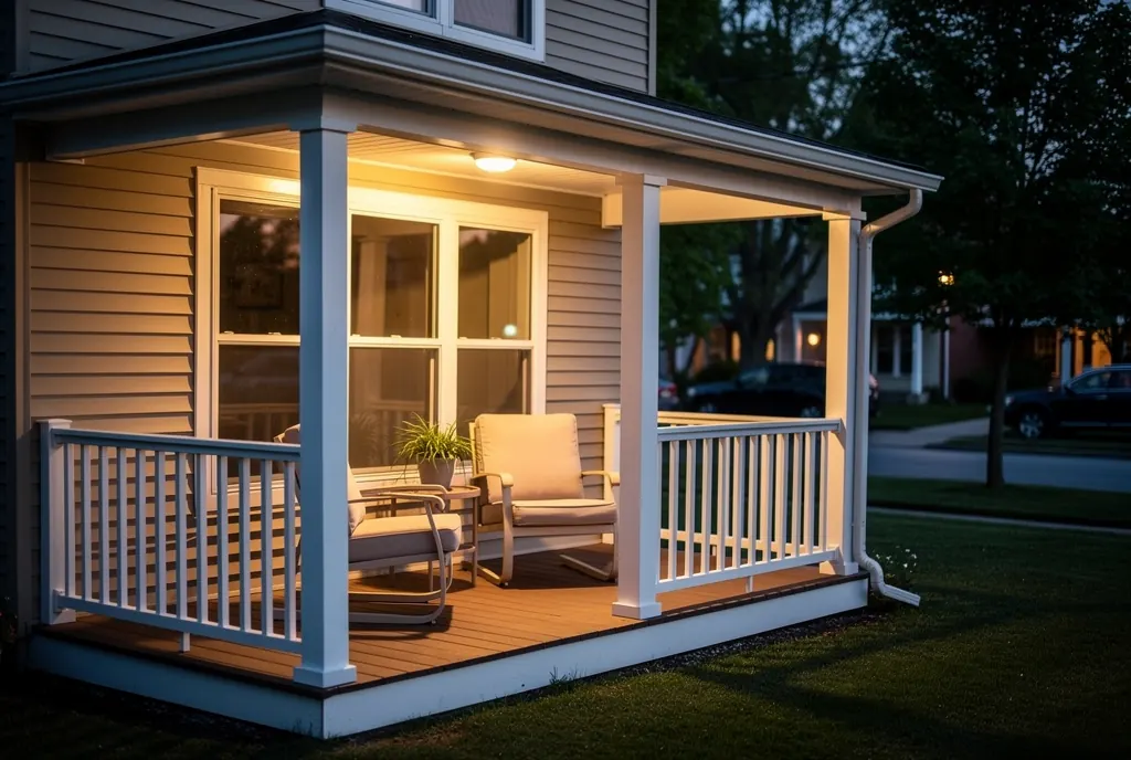 Front porch of a Cincinnati home at evening