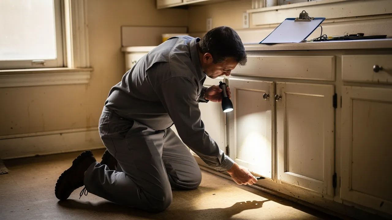 Exterminator inspecting a Cincinnati kitchen baseboard with a flashlight