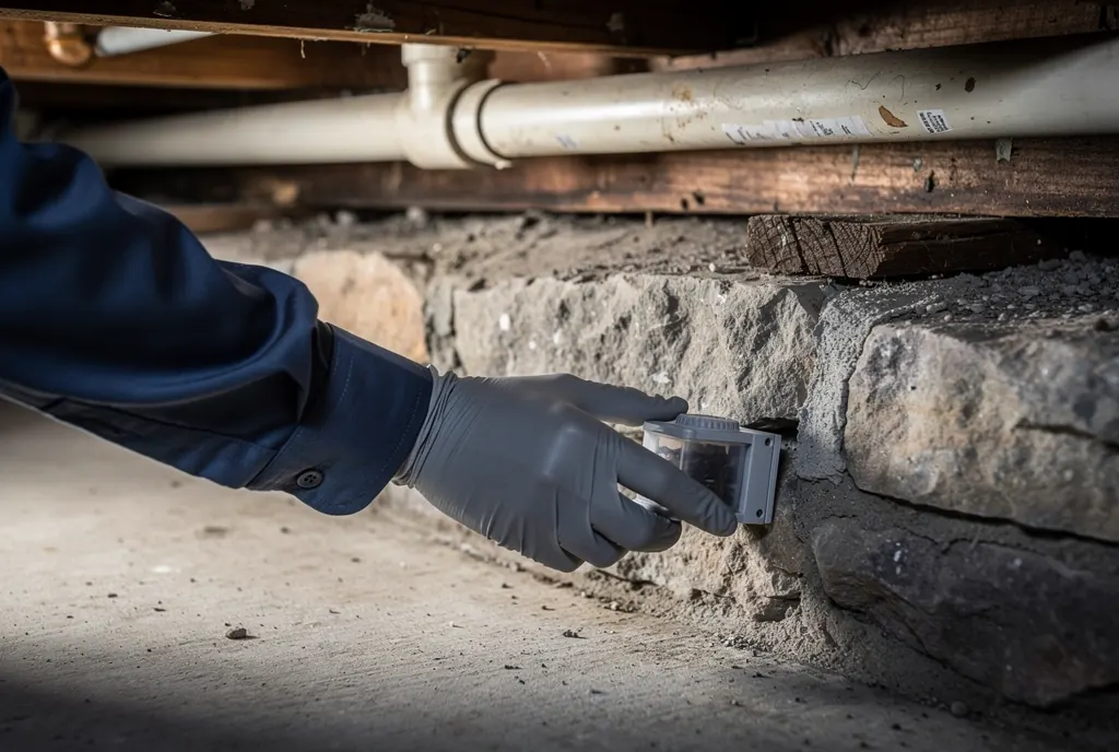 Technician placing a bait station along a Cincinnati basement wall