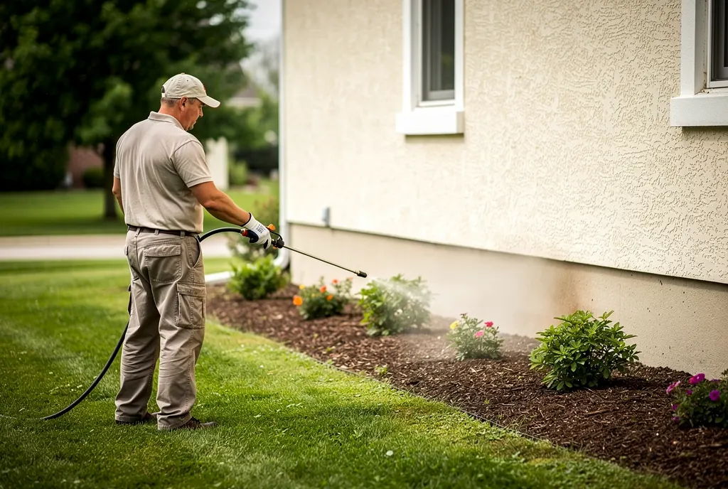 Technician treating the foundation perimeter of a Cincinnati home