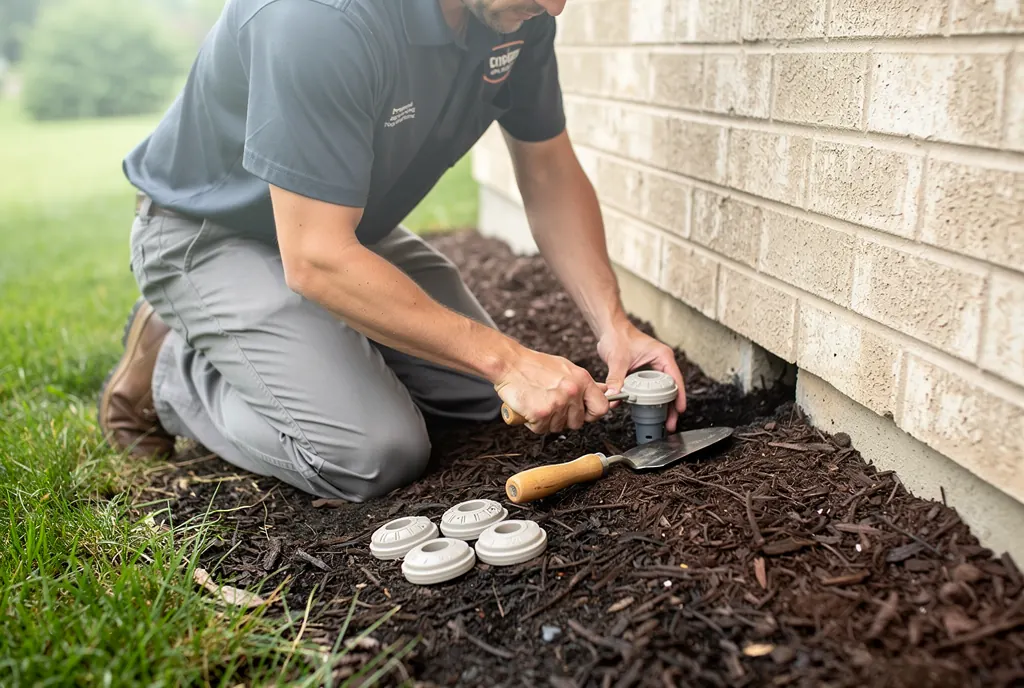 In-ground termite bait station being installed at a Cincinnati foundation line